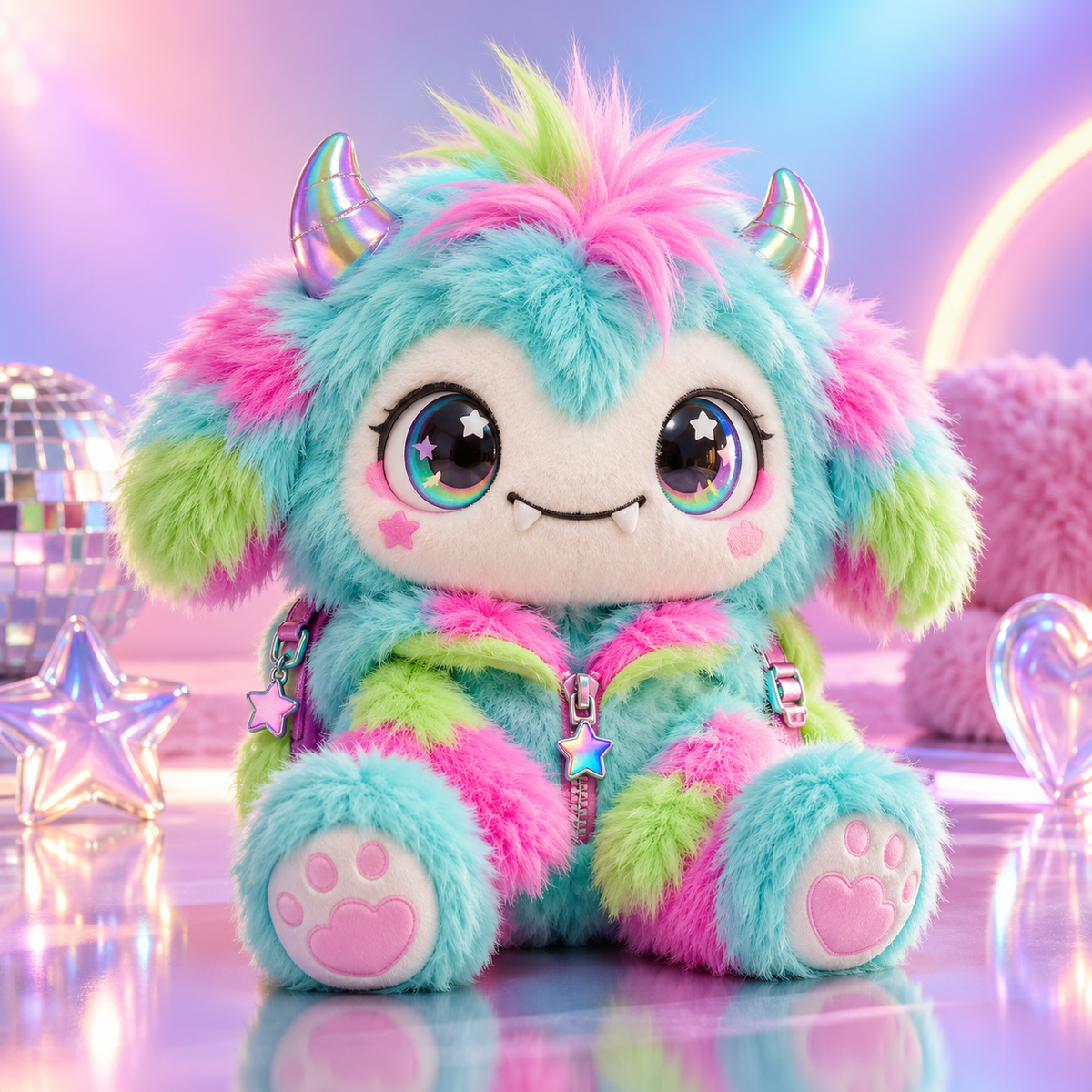 Neon Rainbow Fuzzy Monster Plush Doll — front view